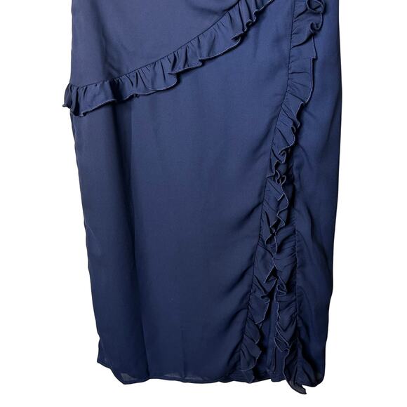 Lucy in the Sky Dress Size M Chiffon Ruffle Navy Knee Length Slit Party Wedding - Picture 3 of 7